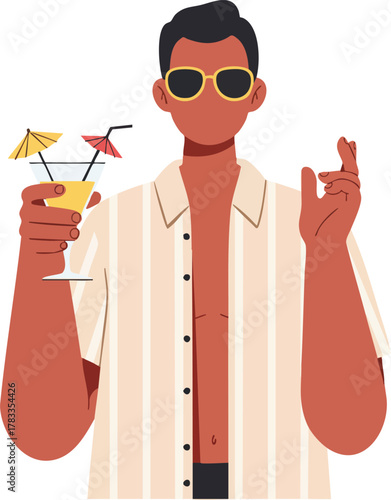 Vector Illustration of Man with Sunglasses Holding Cocktail in Modern Casual Style