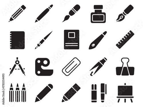 Collection of 20 glyph style art and stationery icons for creative projects
