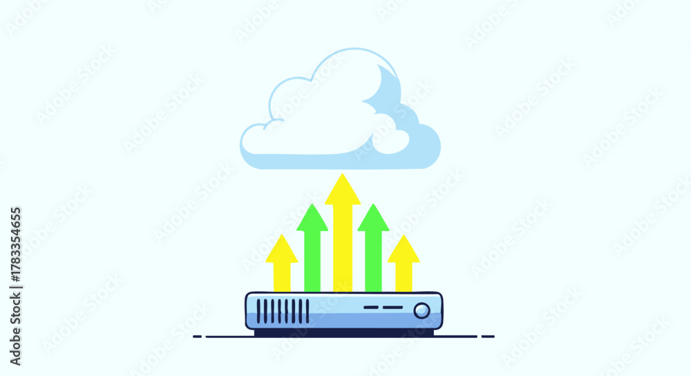 Fototapeta premium Cloud computing server with arrows pointing upwards, data transfer concept.