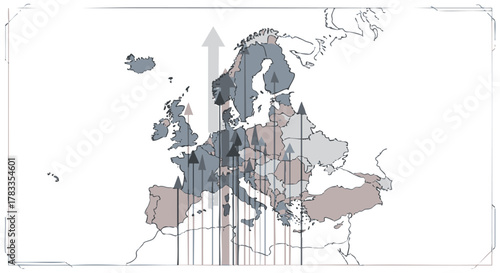 European map with migration lines and an upward arrow symbolizing movement.