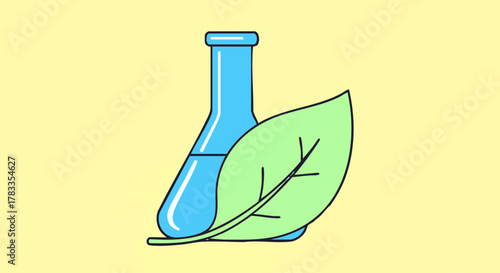 Eco-friendly science experiment with a flask and a green leaf, nature and research.