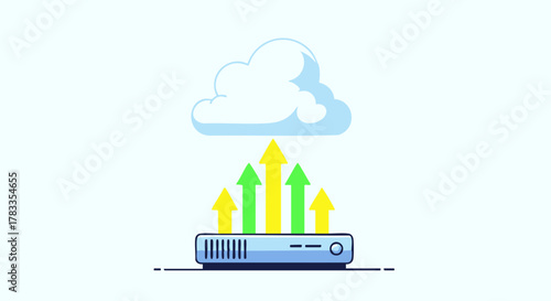Cloud computing server with arrows pointing upwards, data transfer concept.