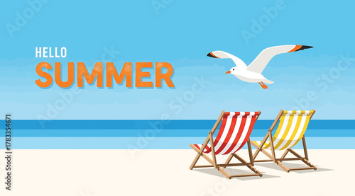 Hello summer beach scene with two deck chairs and a seagull flying in the blue sky, evoking a sense of vacation and relaxation by the ocean