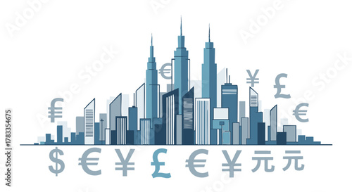 Financial district skyline with currency symbols representing global economy and business.