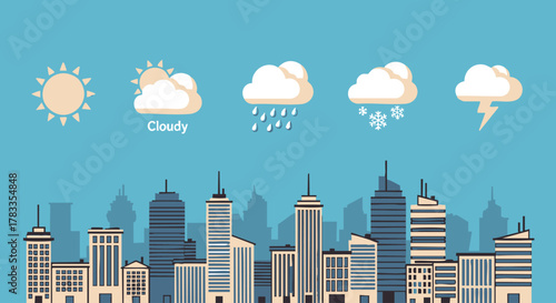 Weather forecast over city skyline with different weather conditions displayed in the sky.
