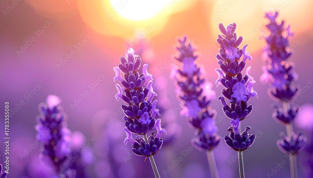 Fototapeta premium Close-up of purple lavender flowers with the sun's warm light and bokeh in the background