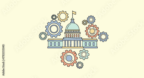 Government building illustration with gears representing the political process and system.