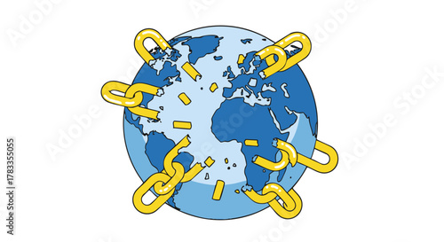 Global interconnectedness concept with broken chains around the world, symbolizing freedom.
