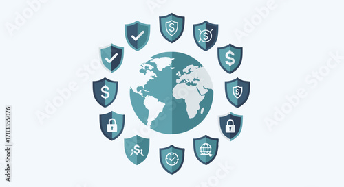 Global security concept featuring shields surrounding the world, representing protection.