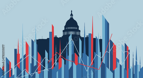 Silhouette of the Capitol Building with abstract city skyline and data visualization.
