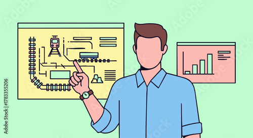 Man presenting industrial process diagram with a pointing gesture.