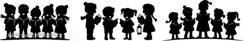 Set of Group Carolers Singing Black Silhouette, Christmas Carolers vector art. 