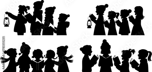 Set of Group Carolers Singing Black Silhouette, Christmas Carolers vector art. 