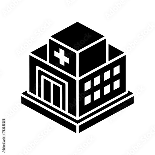 Isometric Hospital Building Icon with Clear Signage on White.