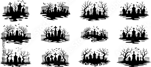 Set of haunted graveyard cemetery silhouette vector art. 