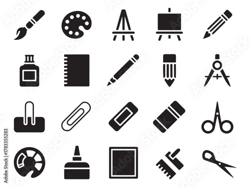 Collection of 20 glyph style art and craft supply icons perfect for creative projects