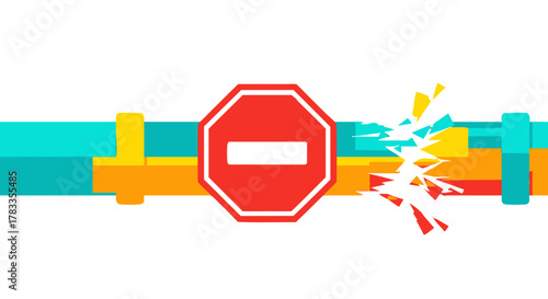 Stop sign indicating prohibition and restriction on a colorful background with abstract elements.