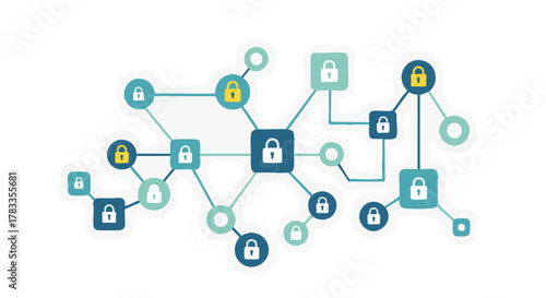 Network security concept with connected locks and nodes, data protection.