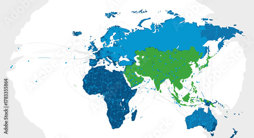 World map highlighting continents with different colors, showing geographical regions.