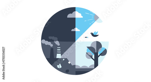 Environmental contrast - pollution versus clean air and nature.