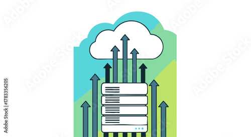 Cloud computing data servers with arrows pointing upwards for data transfer.