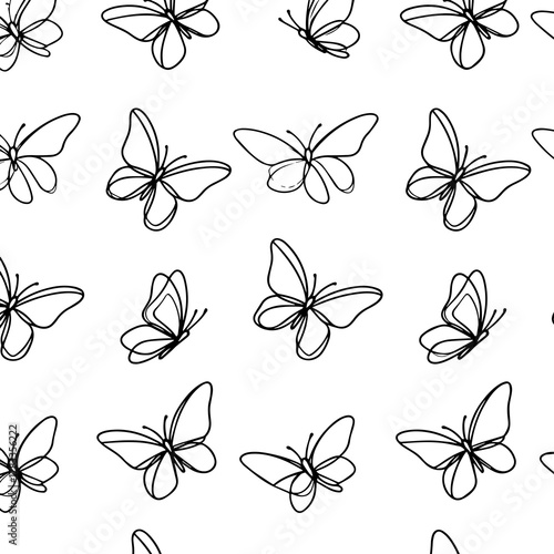 Minimal One Line Drawing Butterfly Seamless Pattern, Continuous Line Art of Flying Insects, Simple Hand Drawn Outline for Nature or Textile Design