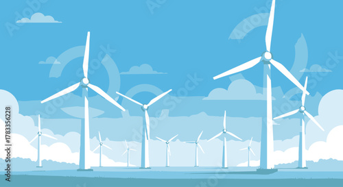 Wind turbines generating clean energy in a beautiful landscape under a blue sky.