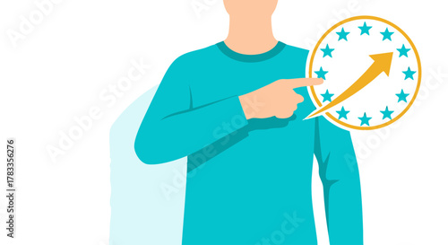 Man pointing at a clock with an arrow, indicating focus and time management.