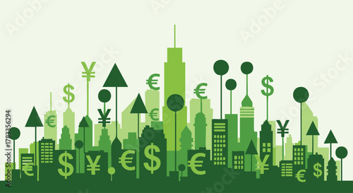 Financial district skyline with currency symbols representing global economy.