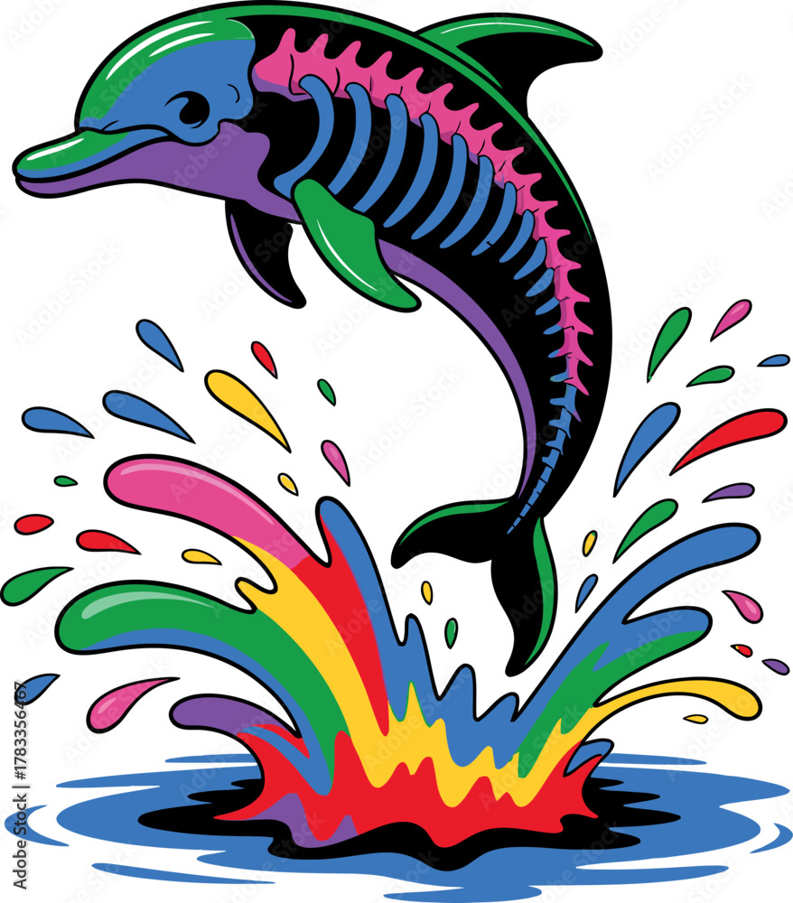 Fototapeta premium Colorful Dolphin Leaping Through Rainbow Splash jumping