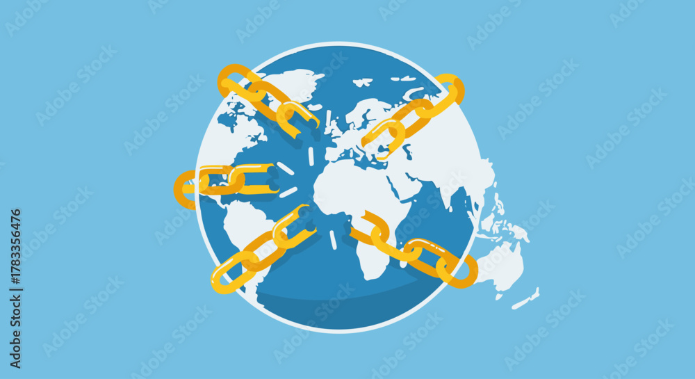 Fototapeta premium Global interconnectedness concept - World globe encircled by golden chains, symbolizing unity and global connections.