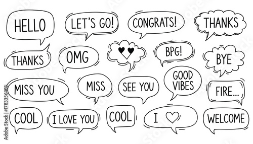 Hand Drawn Speech Bubbles with Phrases doodle text Vector