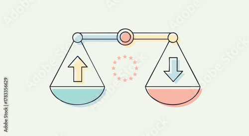 Balance scale with upward and downward arrows representing comparison and equilibrium.