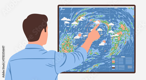 Man analyzing weather map pointing at the forecast, climate change concept.
