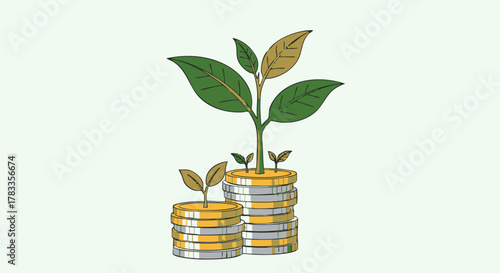 Financial growth concept with coins and growing plants, investment and profit.
