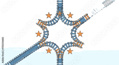 Intricate railway track design with star-shaped junctions and multiple routes for trains.
