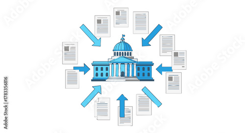 Government building surrounded by documents representing information and data flow.