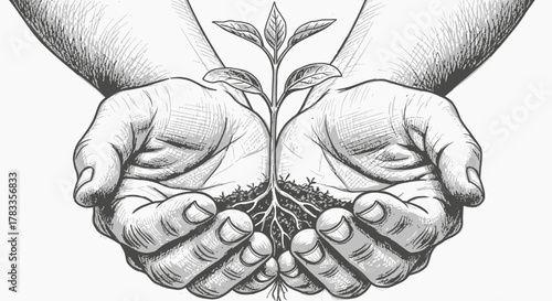 A detailed black and white sketch of two hands carefully holding a small, growing plant with visible roots.
