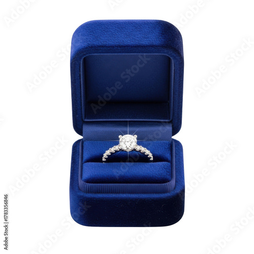 Sparkling diamond engagement ring presented in a luxurious royal blue velvet ring box