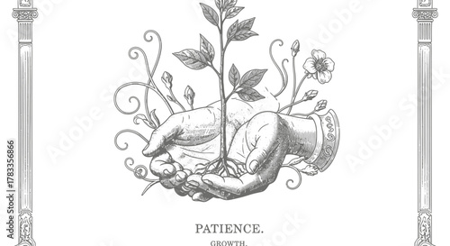 An intricate black and white illustration depicting two hands gently cradling a young plant with roots, surrounded by delicate floral elements and vines, symbolizing patience and growth.