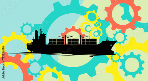 Silhouette of a cargo ship sailing across the ocean, transporting goods.