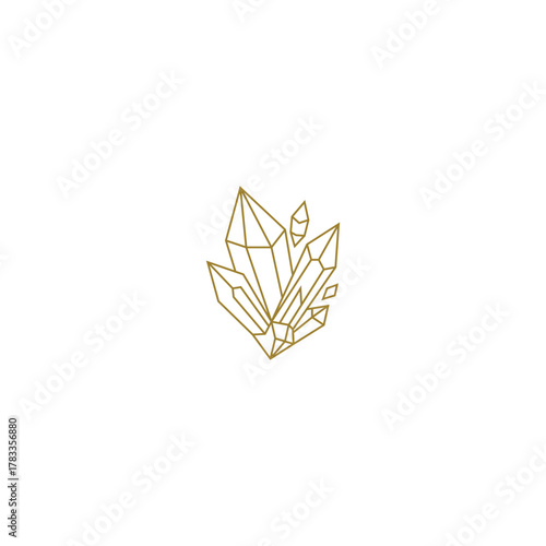 Elegant and mystical line art logo featuring a cluster of geometric crystals or gemstones in a golden outline