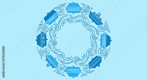 Circular arrangement of boats and waves, a nautical design element.