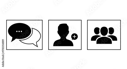 Three icons depicting communication, adding a person, and a group of people, symbolizing social interaction and networking.