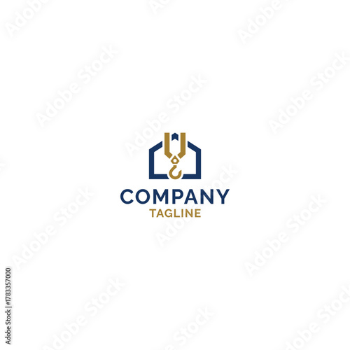 Minimalist logo design featuring a house or roof shape combined with a crane hook symbol
