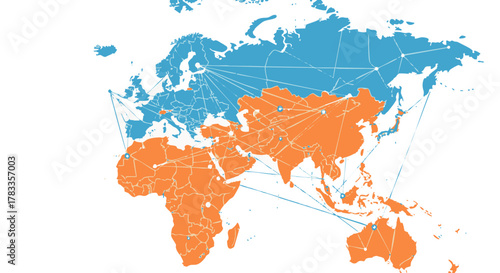 World map highlighting regions with different colors, showing global connections and networks.