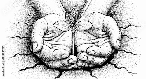 Hands cradling a small green sprout emerging from cracked earth, symbolizing hope and new beginnings.