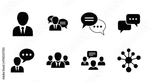 Collection of various business and communication icons, depicting teamwork and networking.