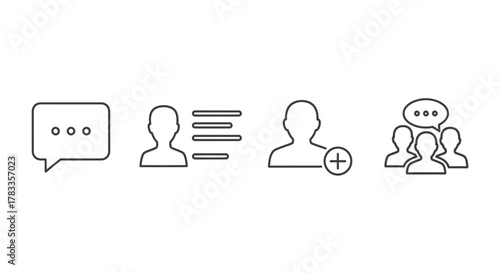 Four icons depicting communication, profile, adding a user, and a group chat, all in a simple line art style.