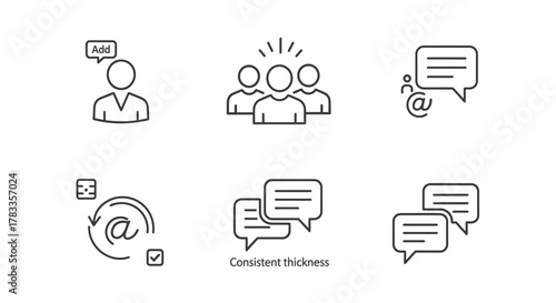 A set of six thin-line icons representing communication, teamwork, and user interaction.